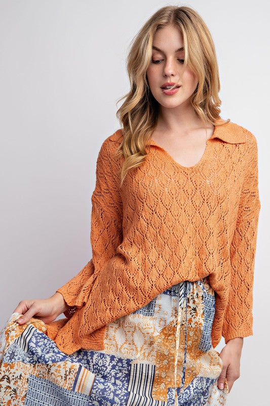 Leaf Patterned Knitted Sweater Top Tangerine