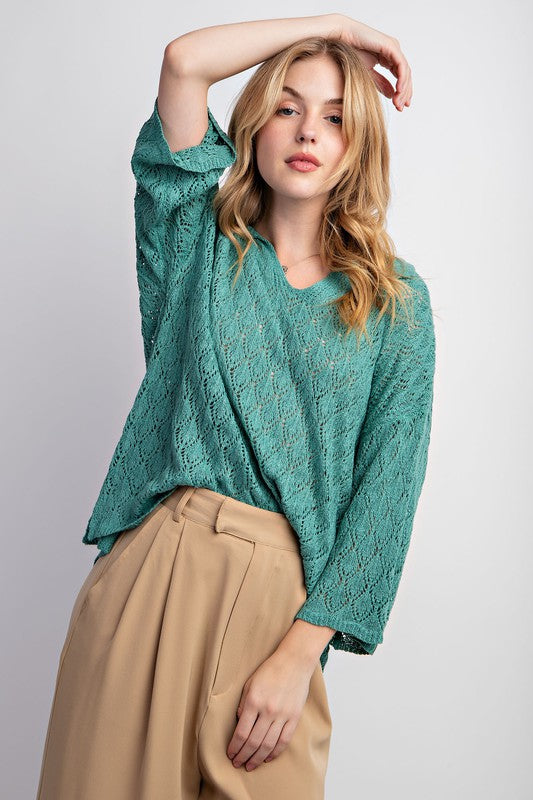 Leaf Patterned Knitted Sweater Top Teal