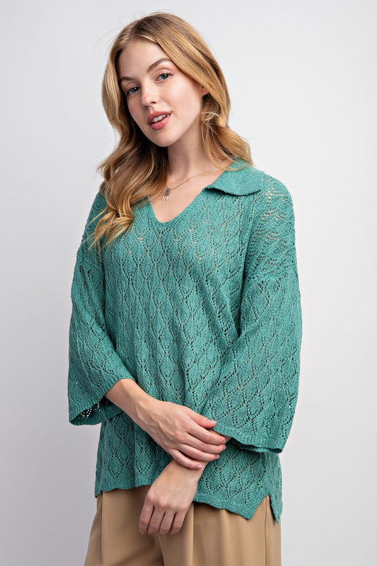 Leaf Patterned Knitted Sweater Top Teal