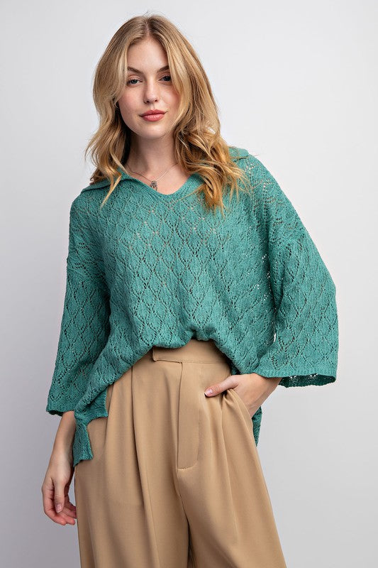 Leaf Patterned Knitted Sweater Top Teal