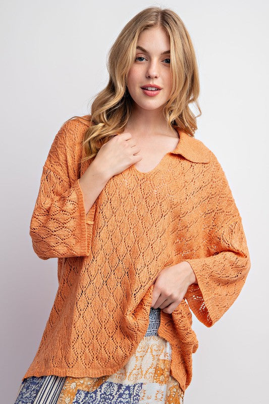 Leaf Patterned Knitted Sweater Top Tangerine