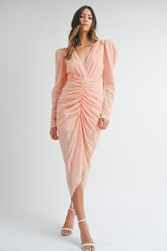 Deep V-Neck Front Shirring Long Dress Peach