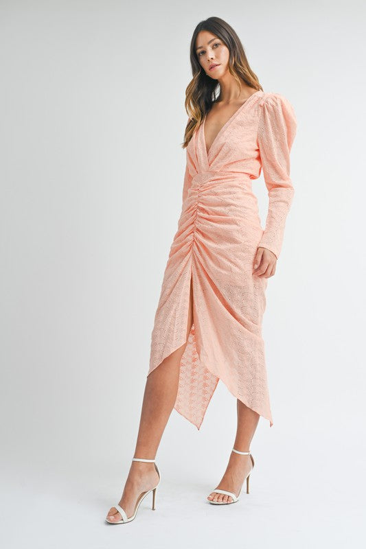 Deep V-Neck Front Shirring Long Dress Peach