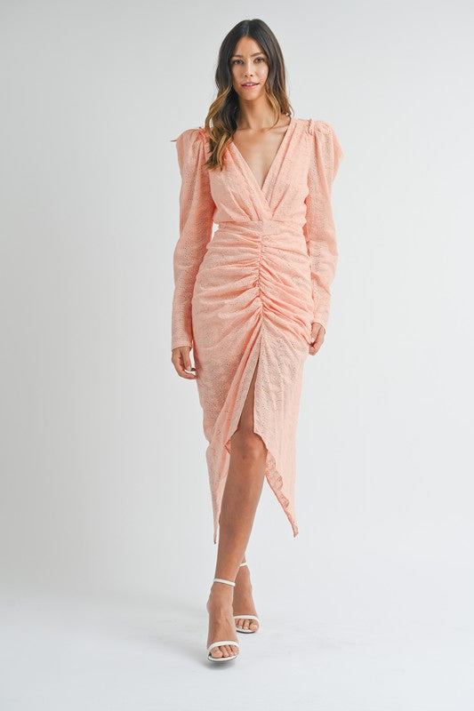 Deep V-Neck Front Shirring Long Dress Peach