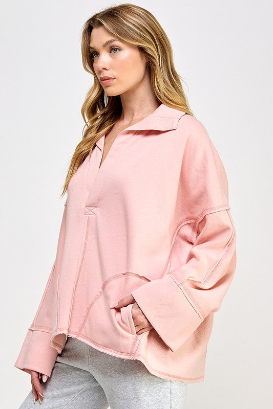 V-Neck Dolman Sleeve Pullover Pink