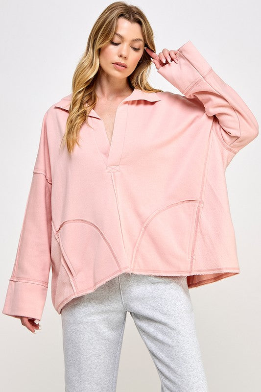 V-Neck Dolman Sleeve Pullover Pink