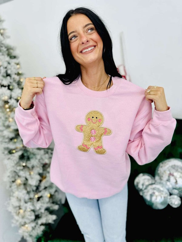 Glitter Gingerbread Man Sweatshirt Light Pink