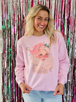 Retro Vintage Pink Hat Santa Sweatshirt Light Pink