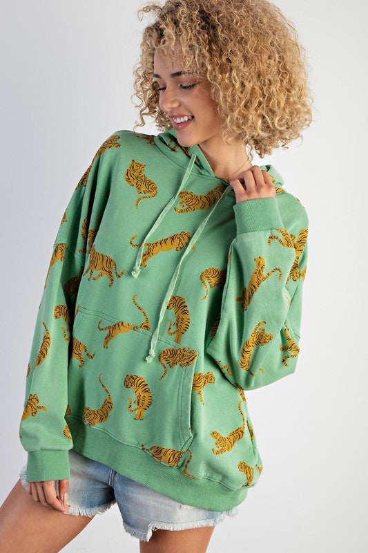 Tiger Print Mineral Washed Hoodie Top Apple Green