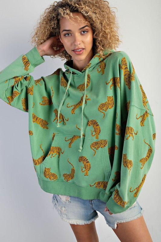 Tiger Print Mineral Washed Hoodie Top Apple Green - Southern Fashion  Boutique Bliss