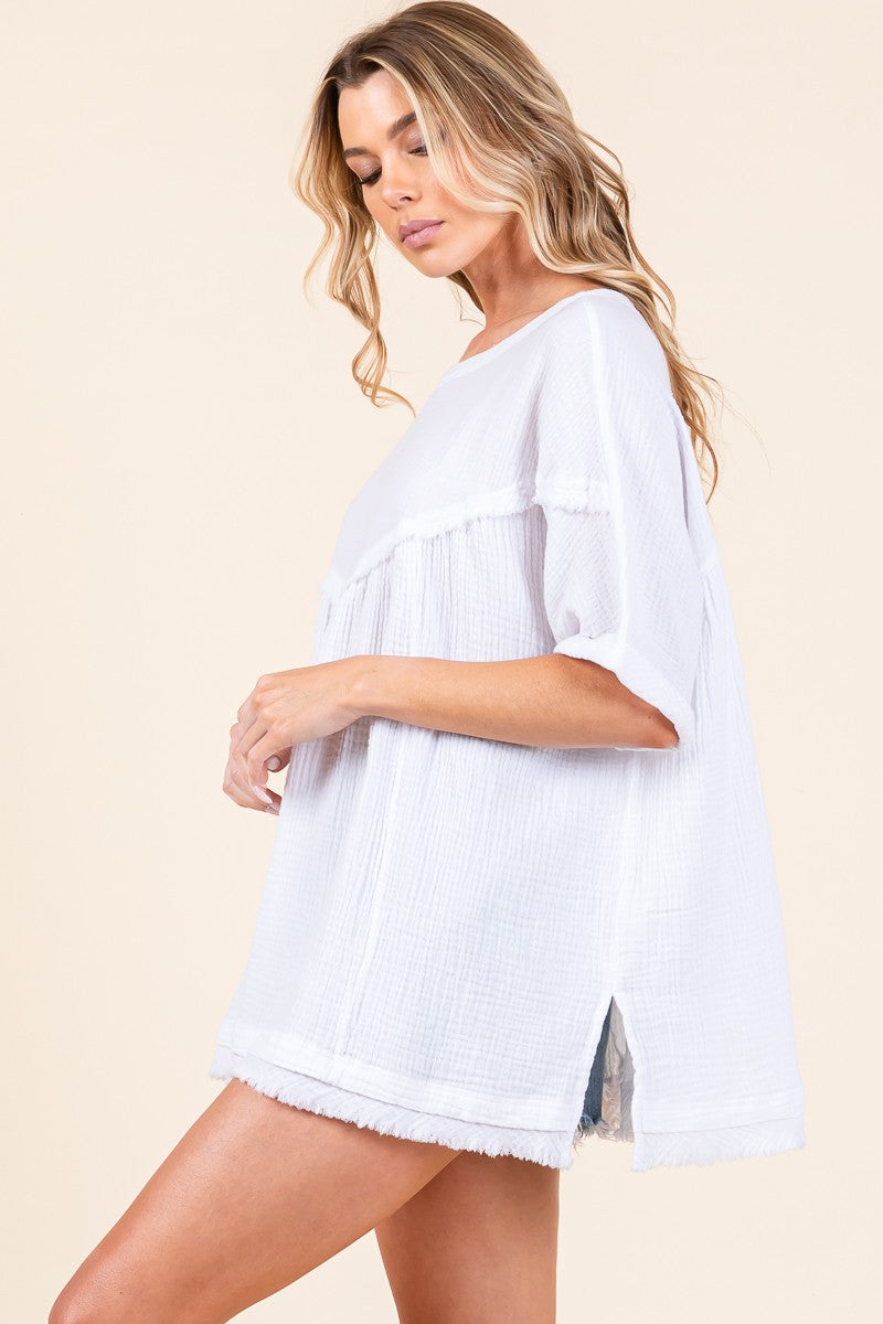 Mineral Wash Fringe Hem Oversized Top White