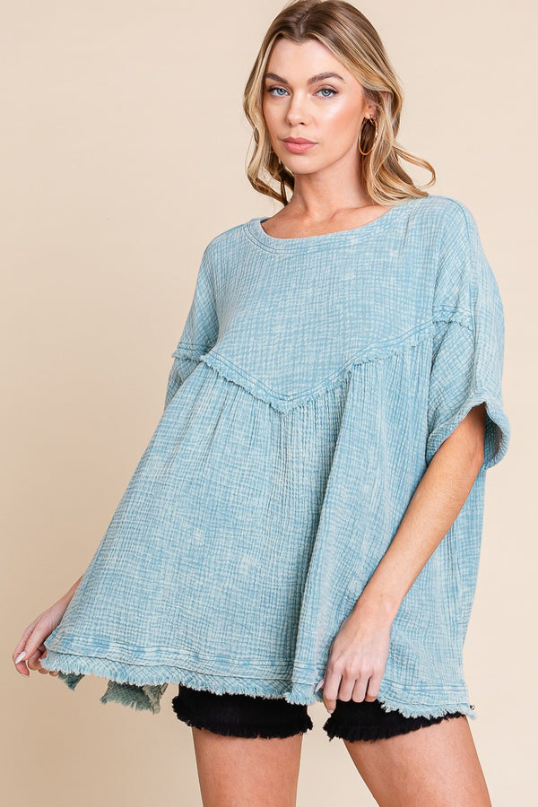 Mineral Wash Fringe Hem Oversized Top Blue