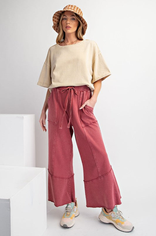 Mineral Washed Terry Knit Wide Leg Pants Raspberry