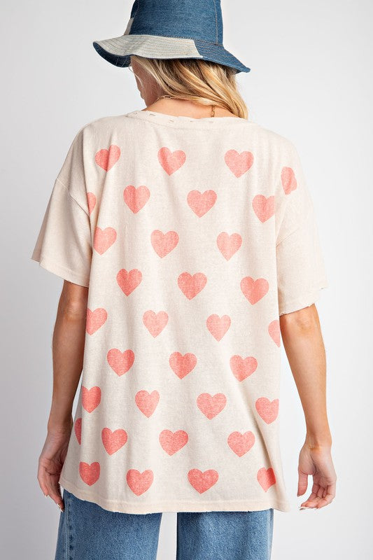 Heart Print Cotton Knit Top Natural