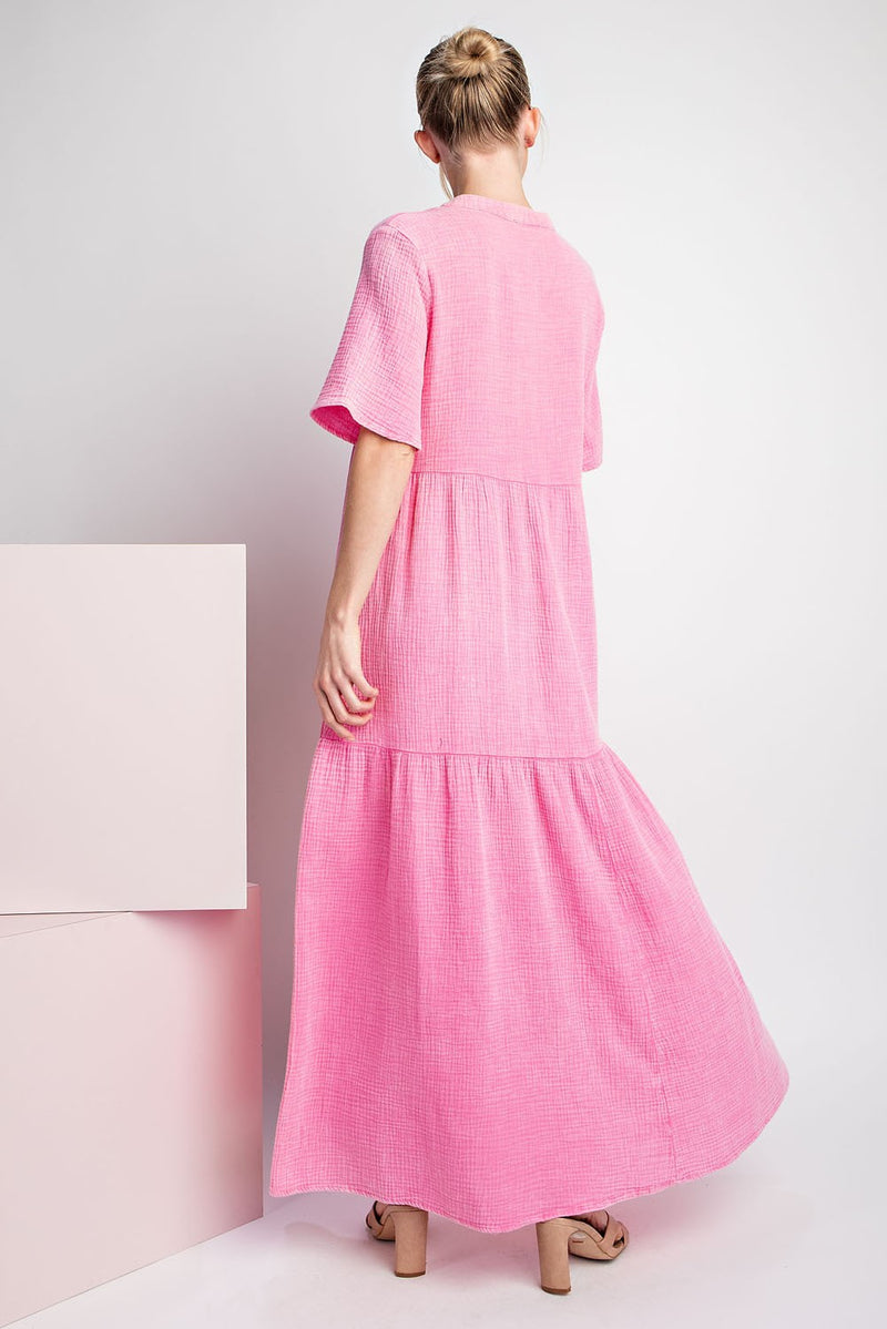 Mineral Washed Tiered Maxi Dress Bubble Pink