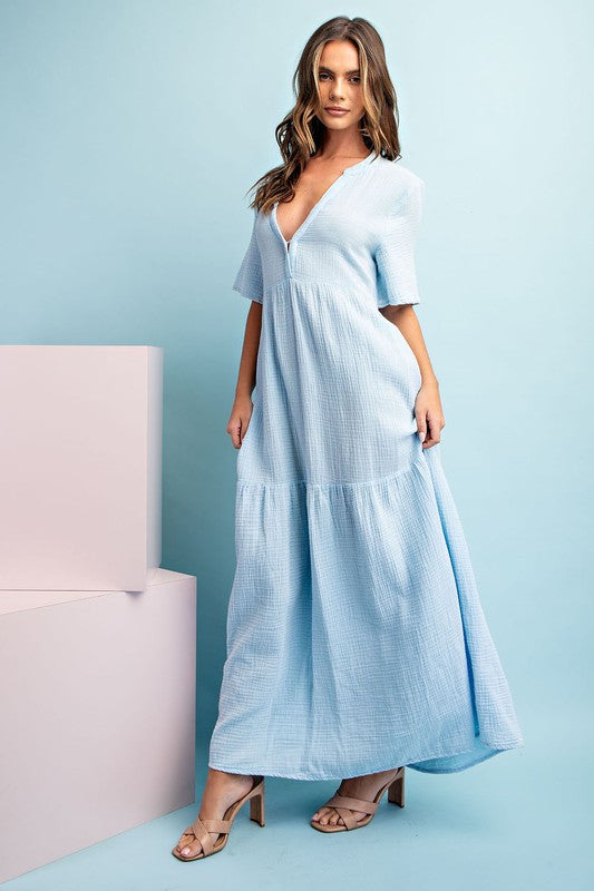 Mineral Washed Tiered Maxi Dress Pale Blue - Southern Fashion Boutique Bliss