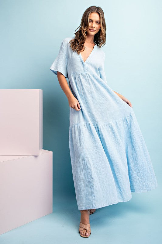 Mineral Washed Tiered Maxi Dress Pale Blue - Southern Fashion Boutique Bliss