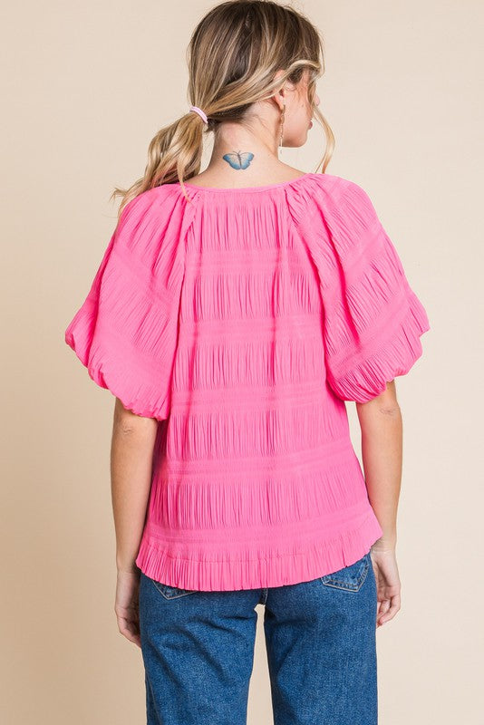 Textured Short Draped Sleeves Top Pink