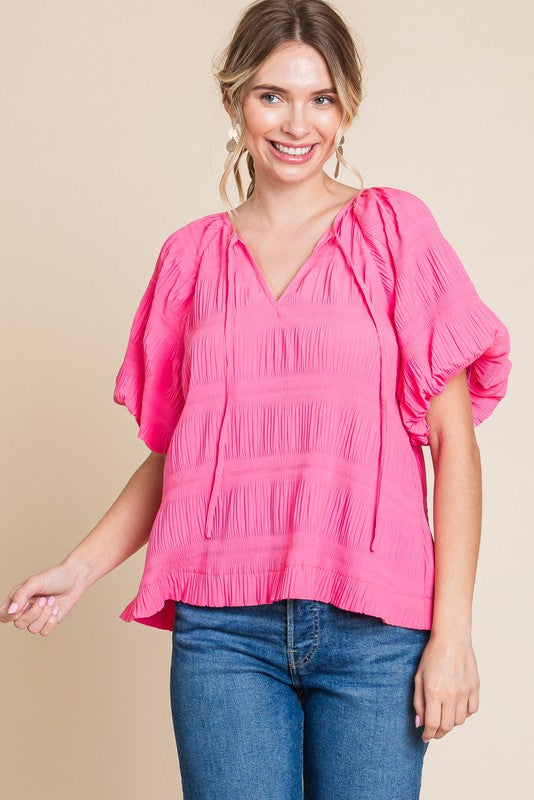 Textured Short Draped Sleeves Top Pink