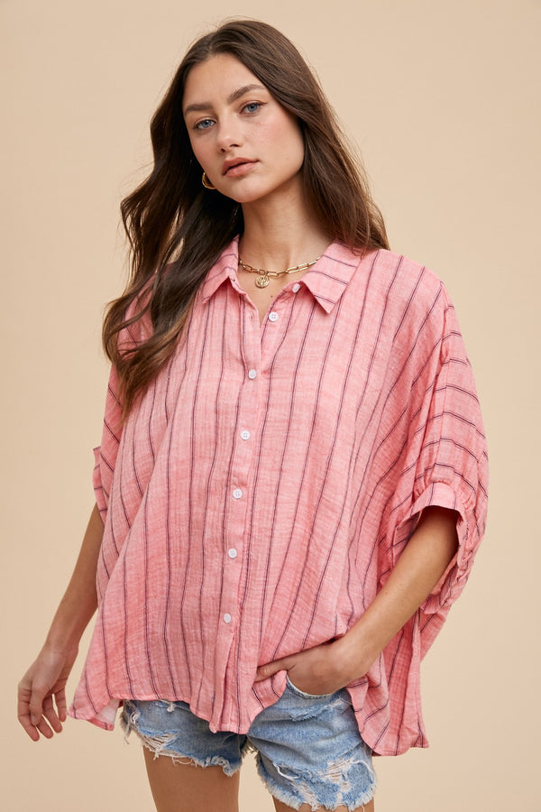 Oversized Drop Shoulder Striped Top Pink