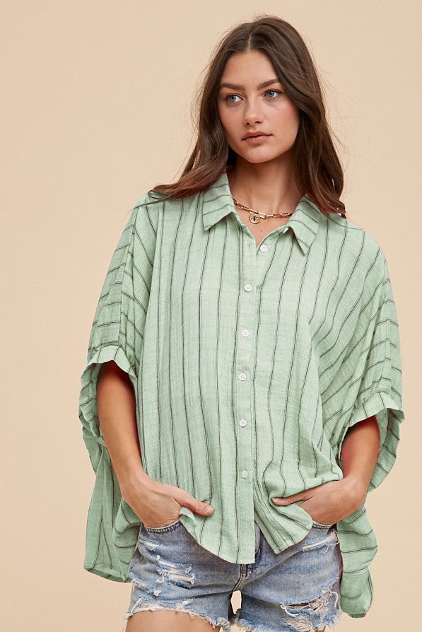 Oversized Drop Shoulder Striped Top Mint