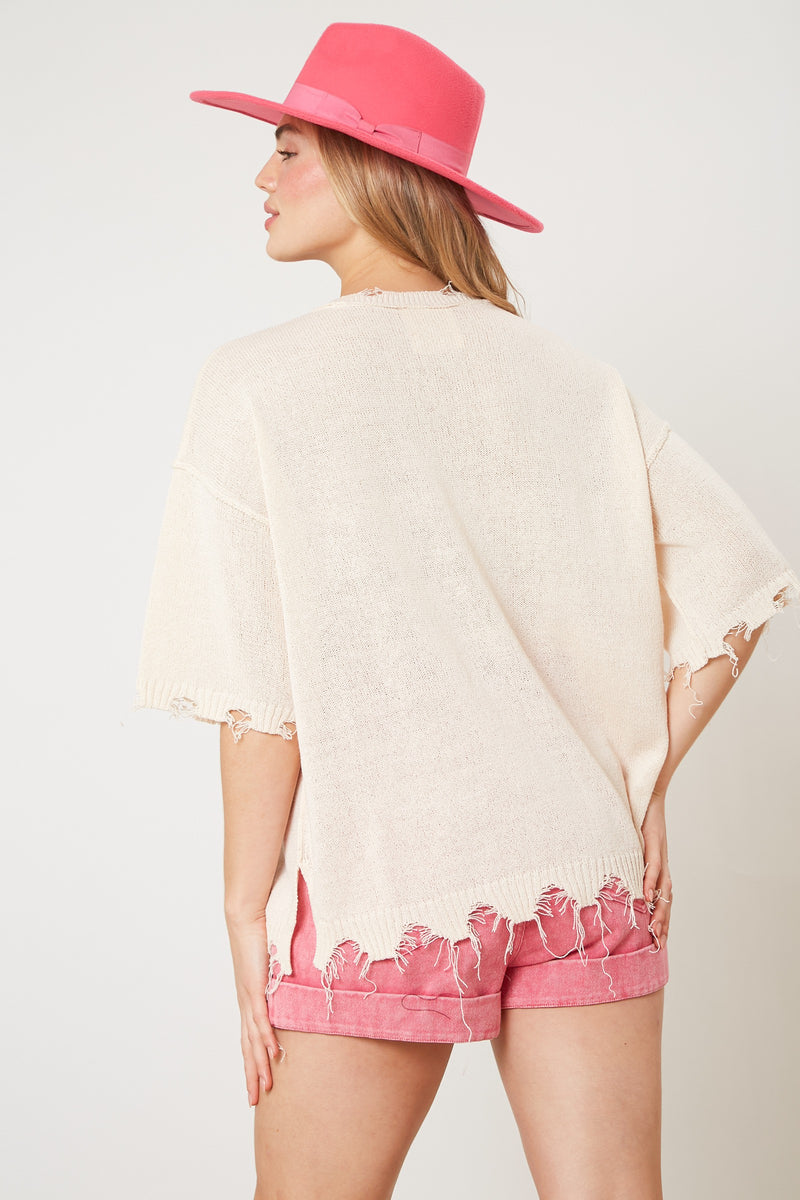 Short Sleeve Knit Sweater Top Cream