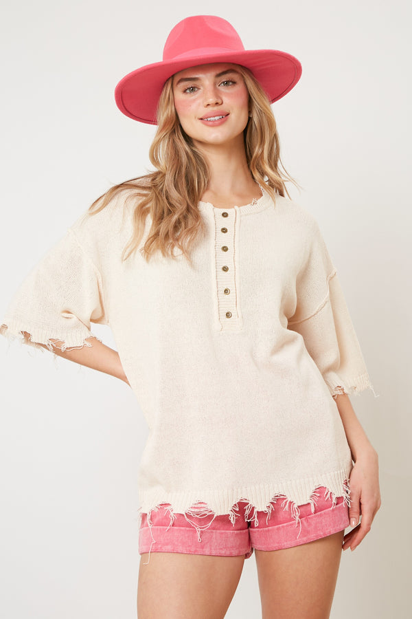 Short Sleeve Knit Sweater Top Cream