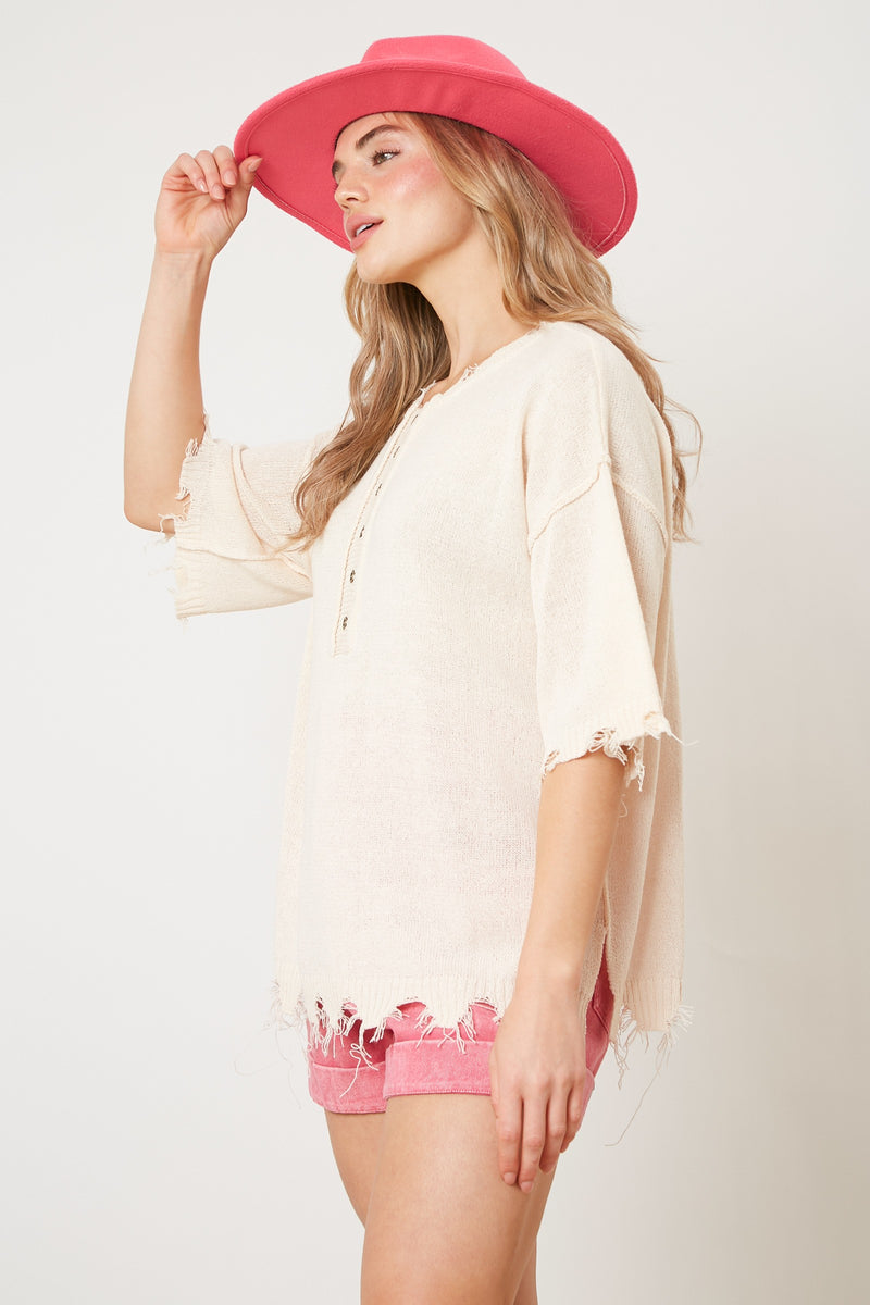 Short Sleeve Knit Sweater Top Cream