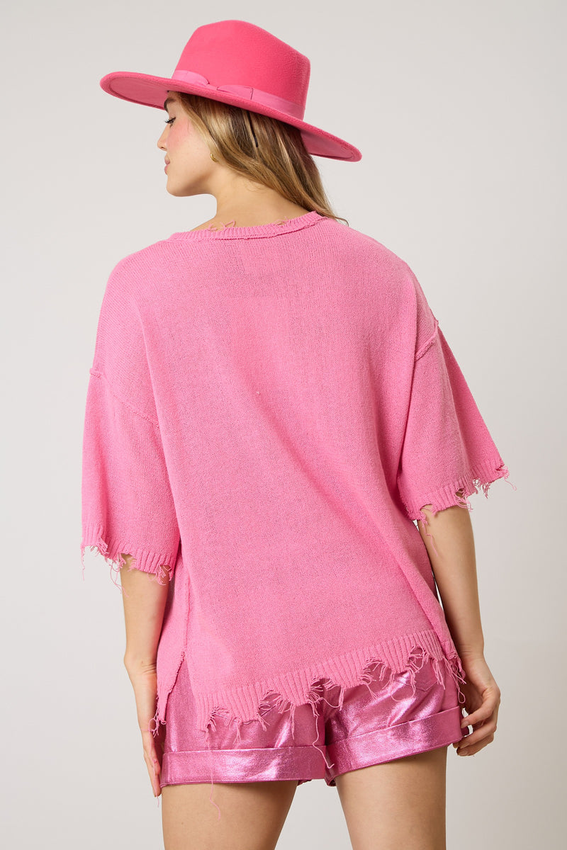 Short Sleeve Knit Sweater Top Pink