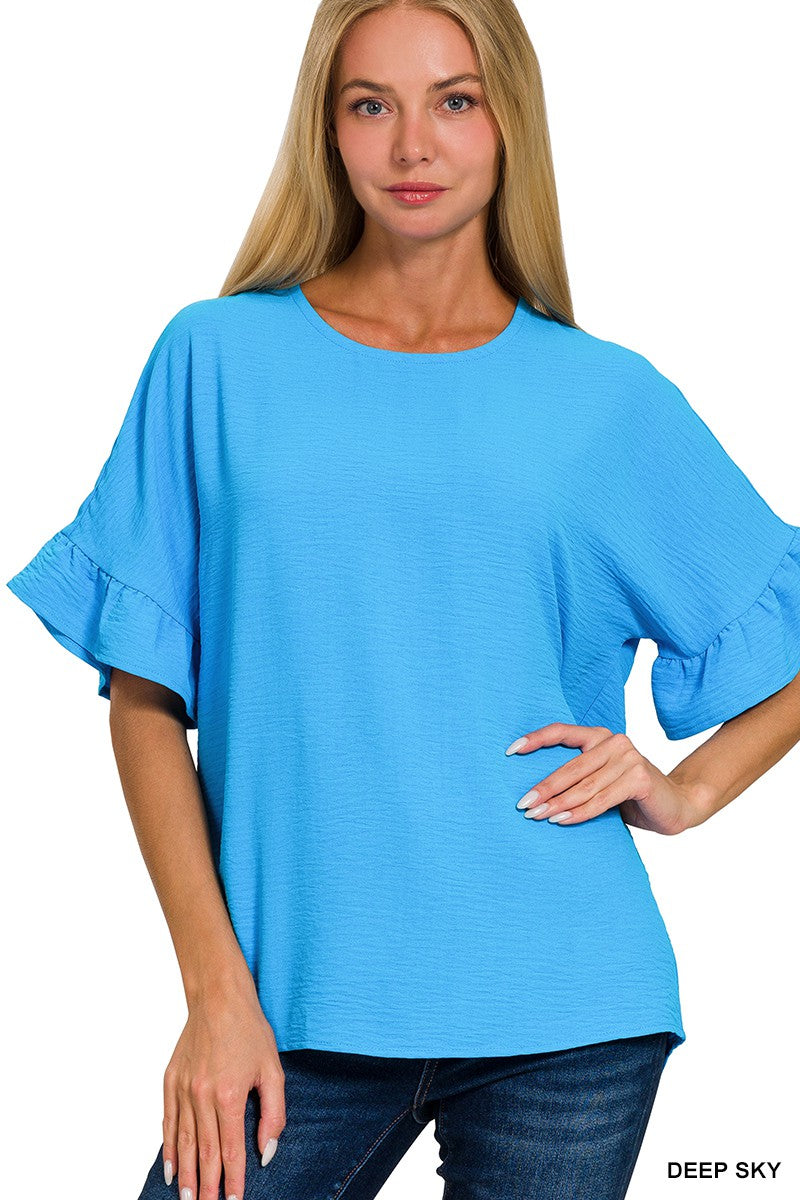 Woven Airflow Ruffle Sleeve Top Deep Sky