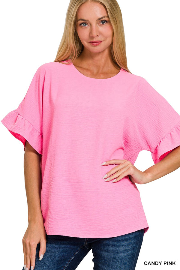 Woven Airflow Ruffle Sleeve Top Candy Pink