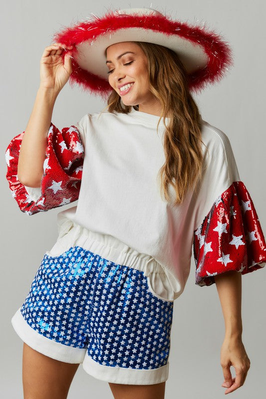 Star Sequin Bubble Sleeve Top Red