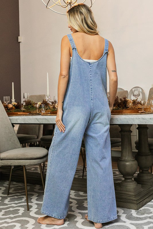 Washed Denim Buttoned Overall Jumpsuit Denim