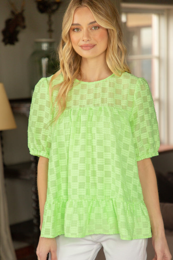 Checkered Print Textured Top Neon Green