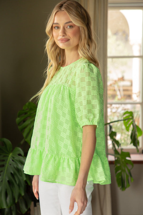 Checkered Print Textured Top Neon Green