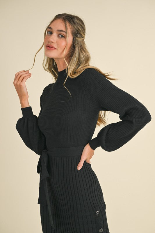 Ribbed Sweater Knit Midi Dress Black