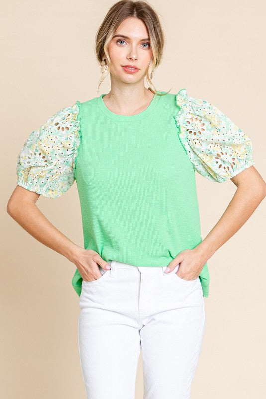 Solid Eyelet Puffed Sleeves Top Green