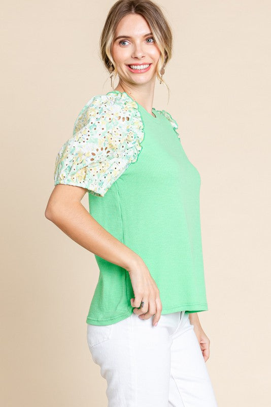 Solid Eyelet Puffed Sleeves Top Green