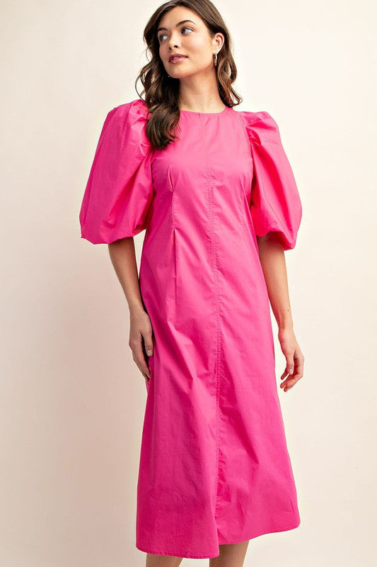 Puff Sleeve Midi Dress Fuchsia