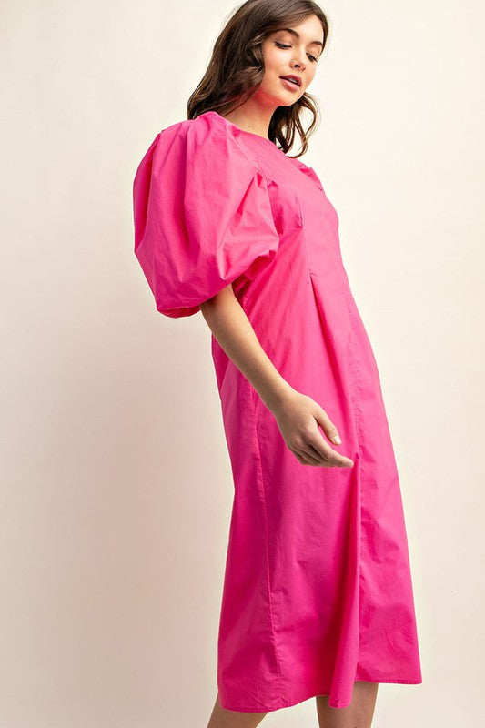 Puff Sleeve Midi Dress Fuchsia