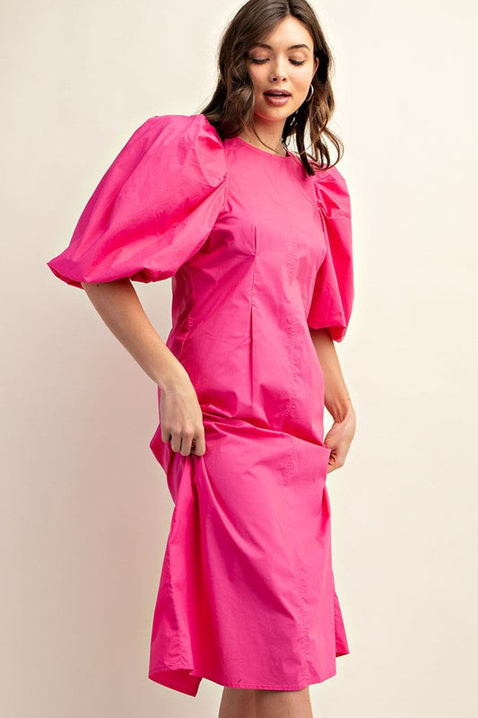 Puff Sleeve Midi Dress Fuchsia