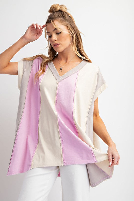 Color Block Cotton Knit Tunic Top Rose Grey