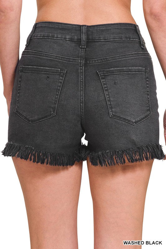 Mid Rise Raw Frayed Hem Denim Shorts Black