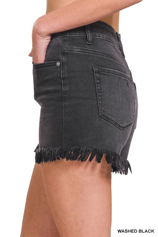 Mid Rise Raw Frayed Hem Denim Shorts Black