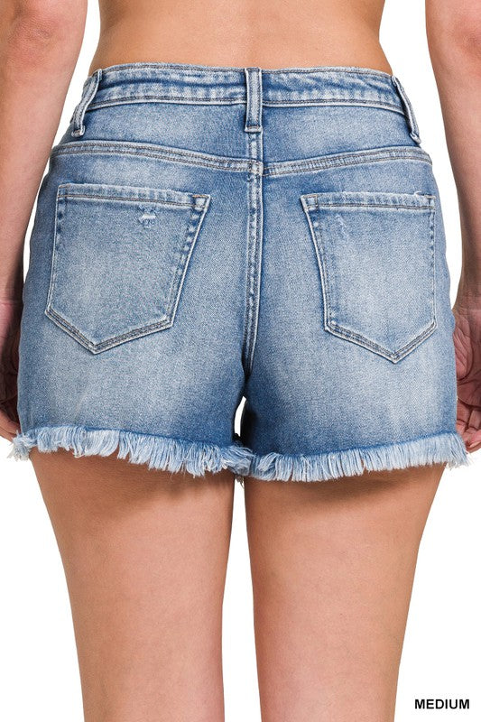 Mid Rise Raw Frayed Hem Denim Shorts Medium