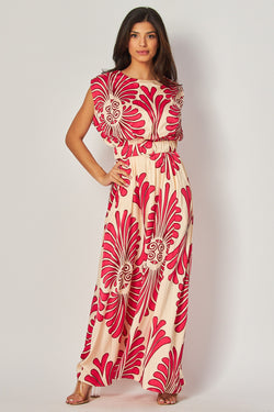 Damask Print Satin Maxi Dress Hot Pink