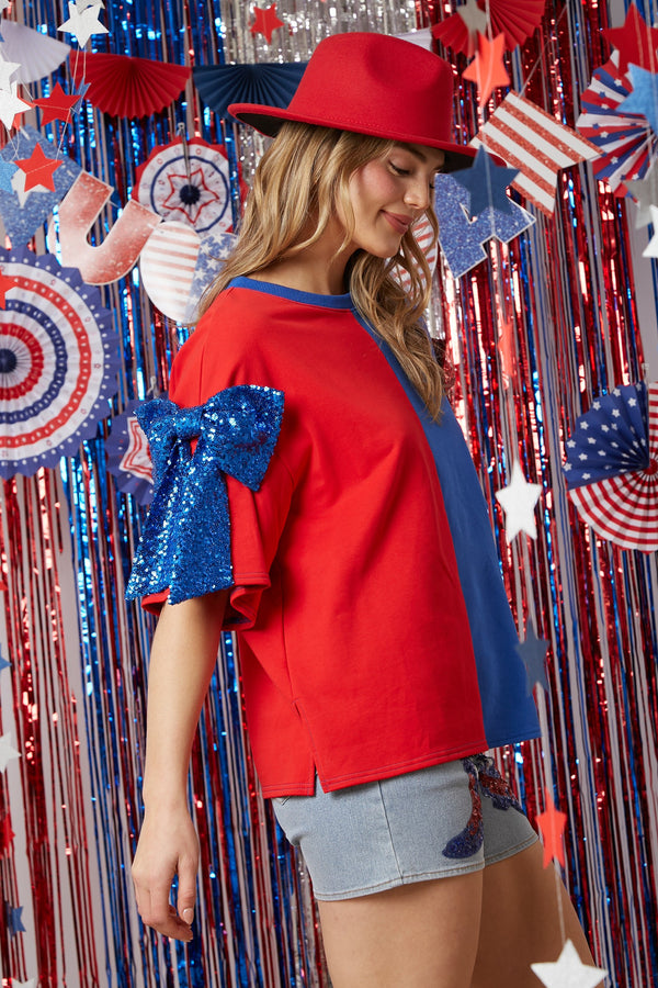 Fourth of July Sequin Bow Sleeve Top Red/Blue