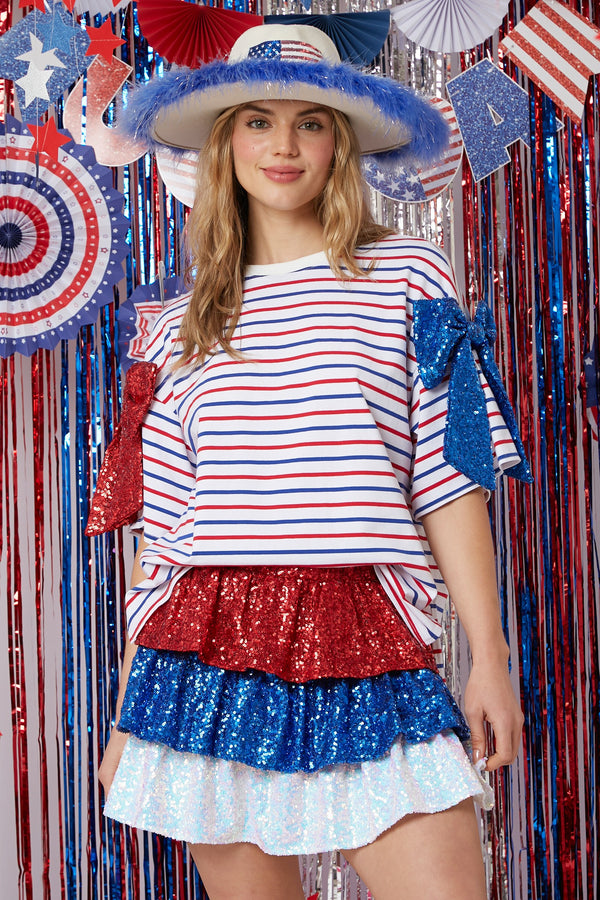 Sequin Bow Striped Top White/Red/Blue