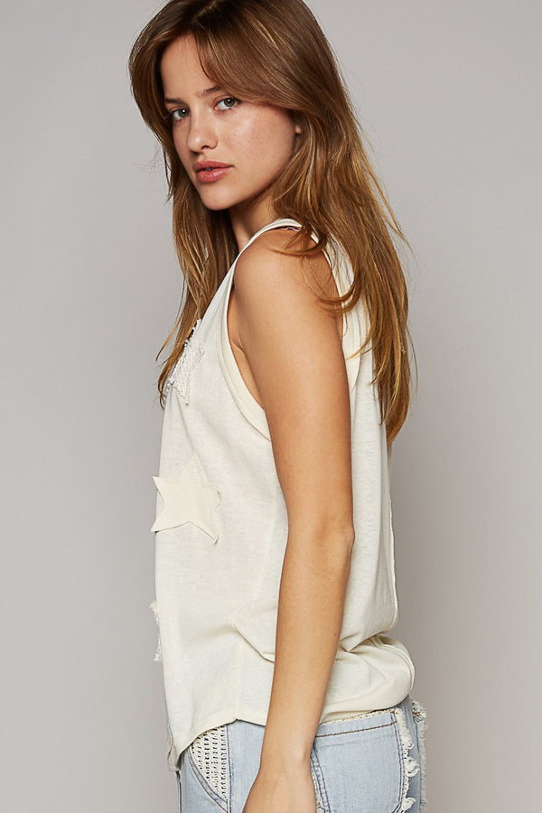 V-Neck Sleeveless Front Star Patches Top Cream