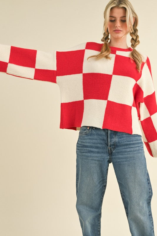 Oversized Checkerboard Pullover Red